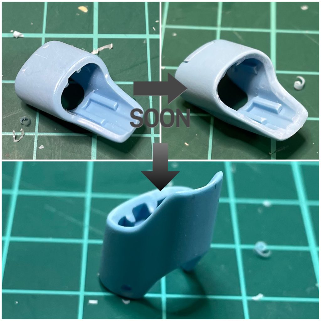 HGUC ハイゴッグ ② 改修内容⚪︎全身・キットの ぬるいモールドは 円形およびライン 全て彫り直し。・キットのダクトや パイプ周辺も 彫り直し。・適所に プラ材やエッチングパーツでディテールアップ。⚪︎胴体・モノアイは市販品に変更。・頭部に 段落ち装甲を配置し、キットデカールの厚みを活かし 埋め込んで貼り付け。・中央で一旦分割し、左右で6mm程度 幅詰め。・腹部の銃口には、金属パーツを配置。・股間ダクトには スリット加工したプラ材でディテールアップ。・股間真下ダクトは 市販品でバーニアを制作。・股間の丸モールドは キッチリ 面出し。⚪︎腕部・肩の外装 付け根付近を1mm程度 カットし、肩が上がるように加工。・肩裏に フレームパーツを制作し 配置。・外装のプラ材の厚みが目立つ部分は 強度を考慮しながら、薄くシャープに加工。・キットのダクトは 全て 薄く加工し、内部に スリット加工したプラ材でディテールアップ。⚪︎脚部・外装のプラ材の厚みが目立つ部分は 強度を考慮しながら、薄くシャープに加工。・足裏中央は、市販品でディテールアップ。⚪︎他・バーニアの縁は薄く加工。・胴体の改修に合わせ、ジェットパックの接続部をスクラッチ。*接続はネオジム接続に変更。・タンクの白ラインは デカールでは無く、塗装で再現。