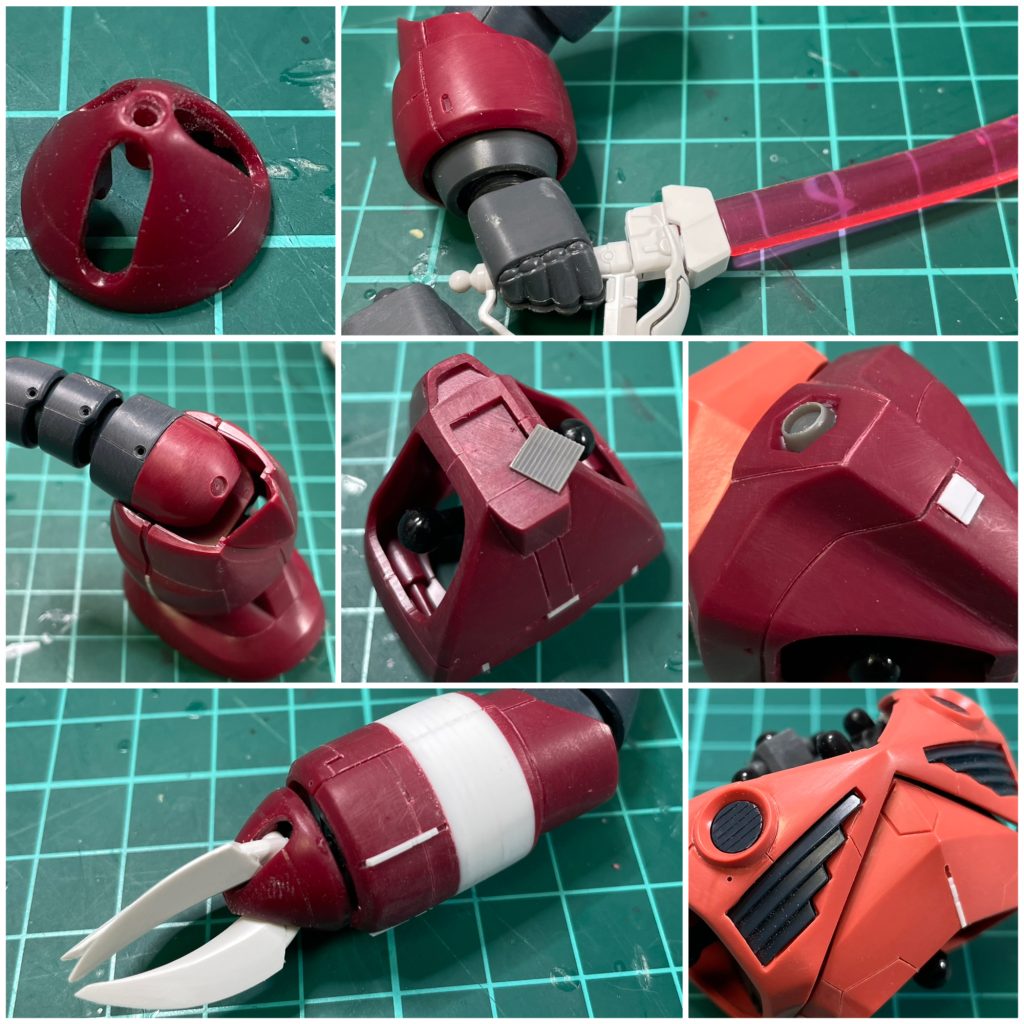 ◎制作内容◎全身・プロポーションを見直し、改修。・適所にプラ材やエッチングパーツによるディテールアップ。◎頭部・モノアイは市販品から流用。ネオジム接続に変更。接続ポイントは左右2ヶ所。・頭部を胴体に埋め込む用にし、目つきを悪く変更。◎胴体・前後に 2mm程度延長し、前方に傾斜になるように接続。猫背が似合うように。・股間下のゆるいダクトモールドは、市販スリットに変更。◎腕部・左手は ハンドパーツに変更。※握り手と 持ち手を制作。・右手はプラ材で大型化し、クローはシャープに加工。◎脚部・◎他・サーベルは他キットから流用。・おまけに、シュツルムファウストも制作。