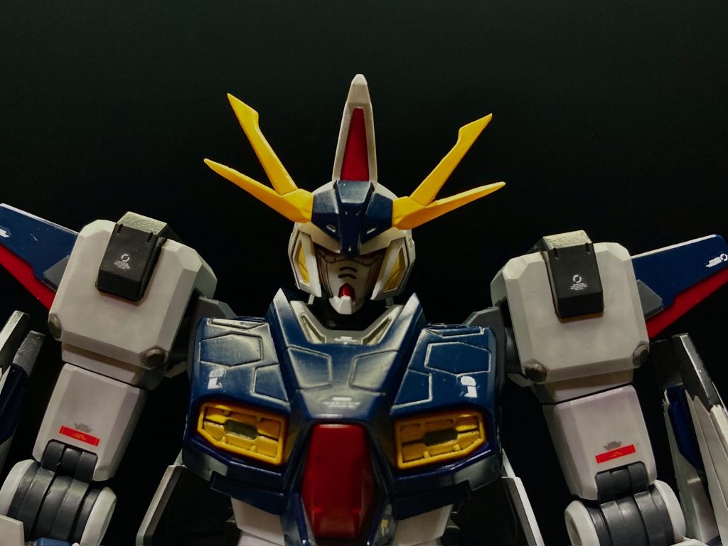 Ξの人相の悪さが槍玉に挙げられがちですが、こいつも大概イカつい顔してます。ちなみに二又に分かれたアンテナの下段、及びフェイスガード的な頬の先端は、ランナータグで延長後に尖らせて見ました。今まで何回も細いパーツをヤスリで削って尖らせてきましたが、付け足した上での尖らせ工作はお初。今回は少々モチベーションに欠ける製作でしたが、そんな中でも貪欲に経験値を求めて四苦八苦してました。