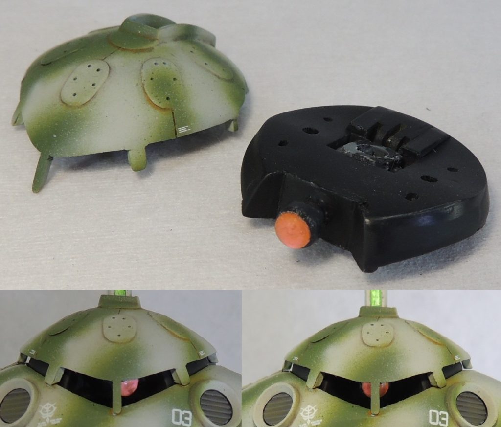 頭部のミサイル発射口はプラ板で塞ぎ、中央部を切り欠いてヒート・ラムの基部を設置。各支柱の間にプラ板を貼り、目つきが鋭くなるように調整。モノアイレールの一部を切り抜いて、中央部にボールジョイントを設置し、モノアイの可動を実現。