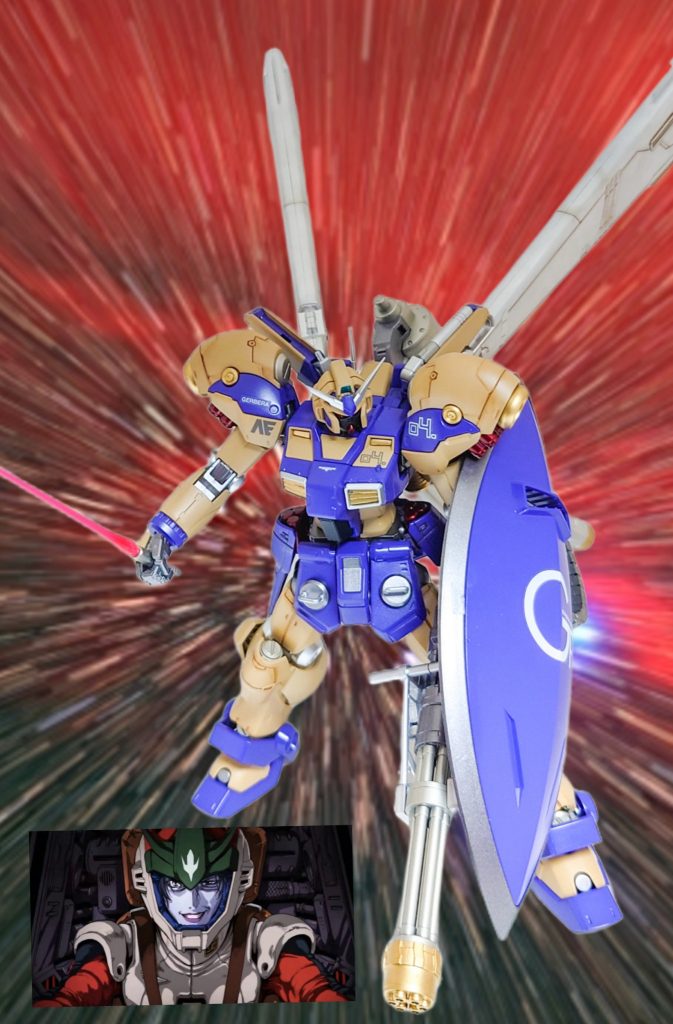 「RX−78GP04G ガーベラ」は、アナハイムと連邦軍によるガンダム計画の一環で開発された機体で、対MS戦闘に特化した強襲用MSとして開発されていたが、ガンダム試作1号機とコンセプトが重複していたため開発計画は凍結することになった。しかし、基礎フレームや各種内装はすでに完成していたため、そのまま機体を完成させシーマ・ガラハウに引き渡された、という妄想作品でした。