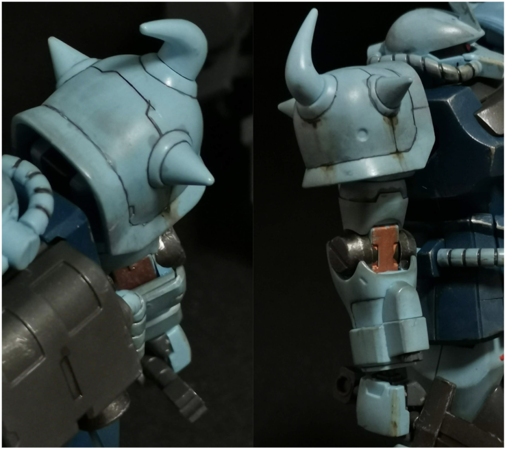 腕・背面の制作・新規スジボリ（一部プラ板でテンプレートを使用）・関節の部分塗装（アクセントになると思い、カッパーで彩色）