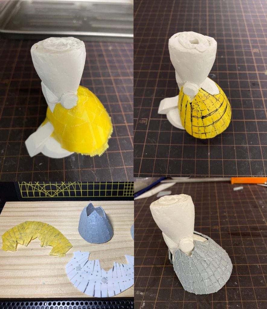 ねんドムを作っておいて本当に良かったです。寸法を測ったり、型を取ったりできました。足のスカートは、マステを貼った上にセロテープで固定(左上)、分割線をマジックで書いて(右上)、平面に展開して型を作り(左下)、プラ板を切り抜いて、超音波カッターで曲げながら溶接(右下)して制作しました。