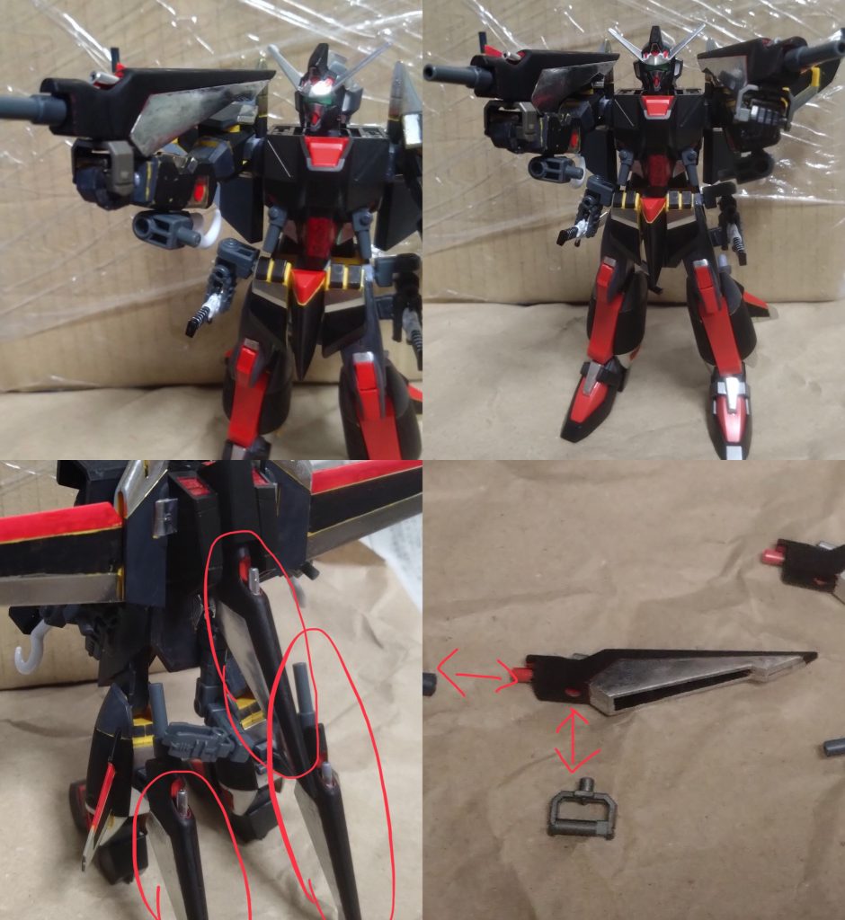 武装について紹介します。各武装紹介時に、キュリアのそれぞれの武器を使用した時の台詞を入れました。楽しんで頂ければ幸いです。 キュリアカスタム用高エネルギービームガン+72式高エネルギービーム砲×3キュラサメ用に開発された専用の手持ちビームガン。スラスターと合体した武装で、常に背中と両脚に計3つ装備されている。取り外し可能で、2丁で持つこともできる。それぞれに『72式高エネルギービーム砲』も備わっており、本来のムラサメでは飛行形態時にしか使えなかったビーム砲もビームガンと同時に発射が可能となった。また、戦闘機形態と高速戦闘形態では他の火器やミサイル等と合わせた一斉射撃によるフルバーストもできるようになる。 「狙い撃つぜぇ!!…違うヤツのセリフだけどな」 背中や脚から手持ち武器として取り外す際、ジョイントパーツを付ける必要があります。