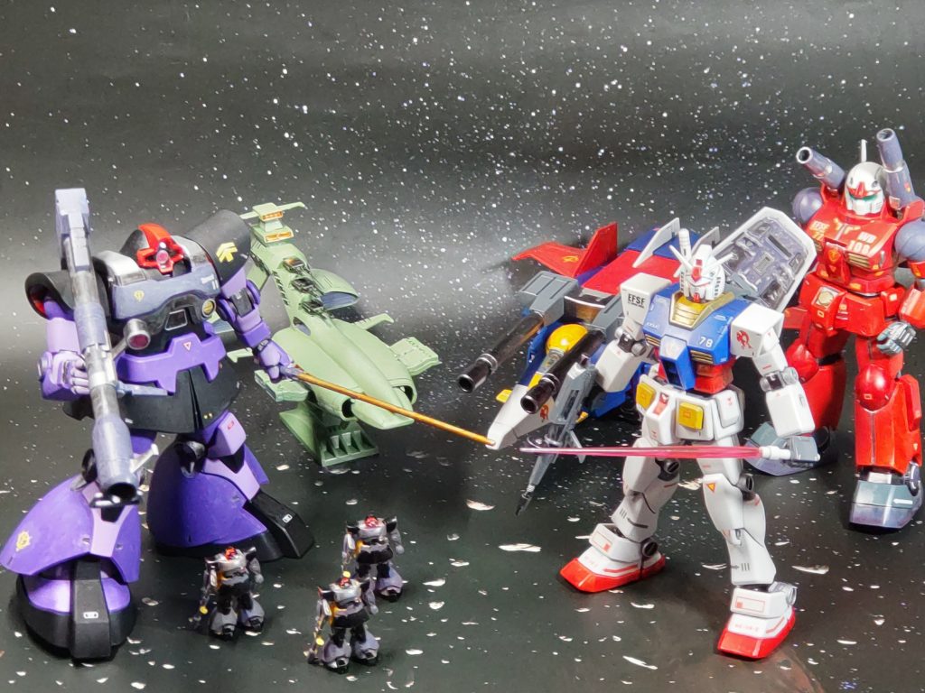 使ったキットHGUC リック・ドム旧キット1/1200 ムサイ旧キット1/500 ミデア付属のドム×3HGUC Gアーマー(ガンダム+Gファイター)HGUC ガンキャノン