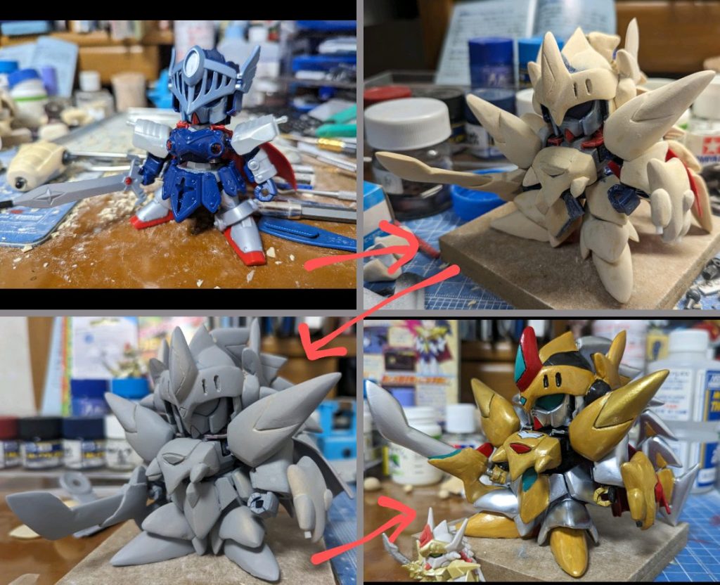 製作過程です。ほとんどパテなのが分かりやすいくらい、最初はスッキリしてました。肩はプラ板を切り出し、その上にパテを分けて盛って肩アーマーに瞬間接着剤で固定しています。