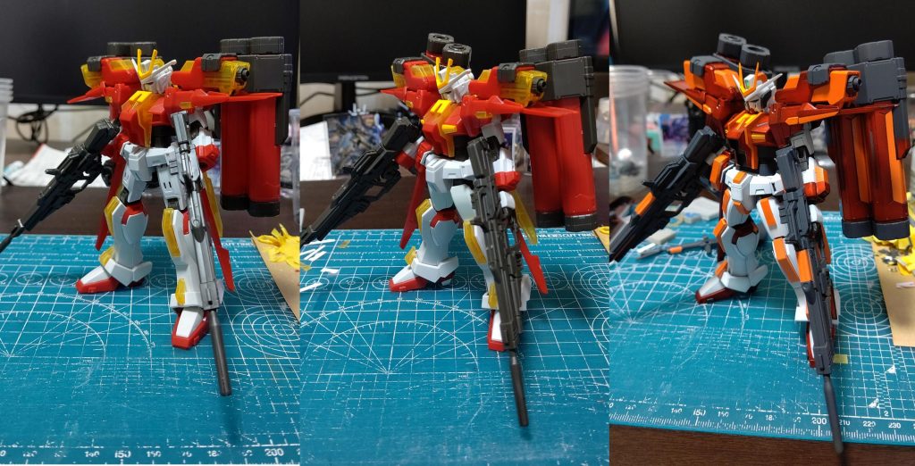 制作過程。左から素組、改修、塗装。