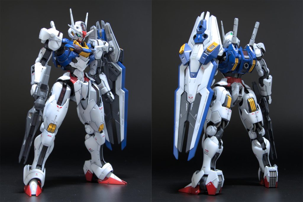 ほんの少しだけ装甲のディティールアップはしましたが、ほぼそのまま。白装甲は2色に色分けしてますが、もう少しはっきりと差をつけてもよかったかもですね。デカールは1割きっと付属のもの、残りは別キットで余ってた水転写デカールを使用。大きくて特徴的なツインアイには蛍光グリーンを塗布した上から偏光シールを貼ってます。