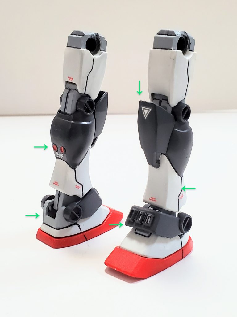 特に頑張った改修ポイント~足~😊✨公式画像に準ずるように、ヒザは少し削り間接部がチラ見えするぐらいにしました❗ふくらはぎには好みで3㎜の丸バーニアをピンバイスで穴を空けてはめ込み~😆かかと🦶は可動域を上げるため削り込み❗ふくらはぎから下にモールドを追加❕そして、アンクルガードにスリットを加えました👊✨