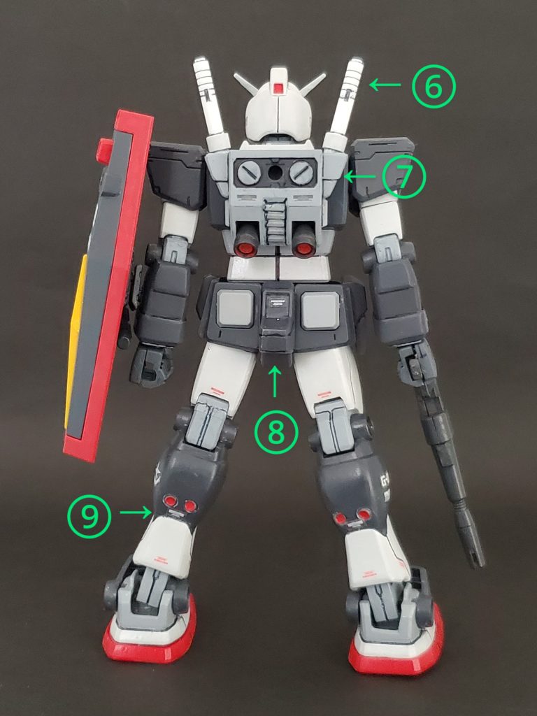 めずらしく真後ろのLia view~🎶⑥ビームサーベルの柄の部分のラインを公式画像に合わせて、3本から5本に増やしました✨⑦バックパックにプラ板とカスタムパーツを加えてプロトタイプの形状を再現しています🎵⑧腰にある独特の形状パーツ❗悩んだ結果、GFTバージョンの前腰部分がよく似ていたので流用して装着しました😊💦⑨足は、あちこち改修を行っております😊🎶細かくは下記にて✨