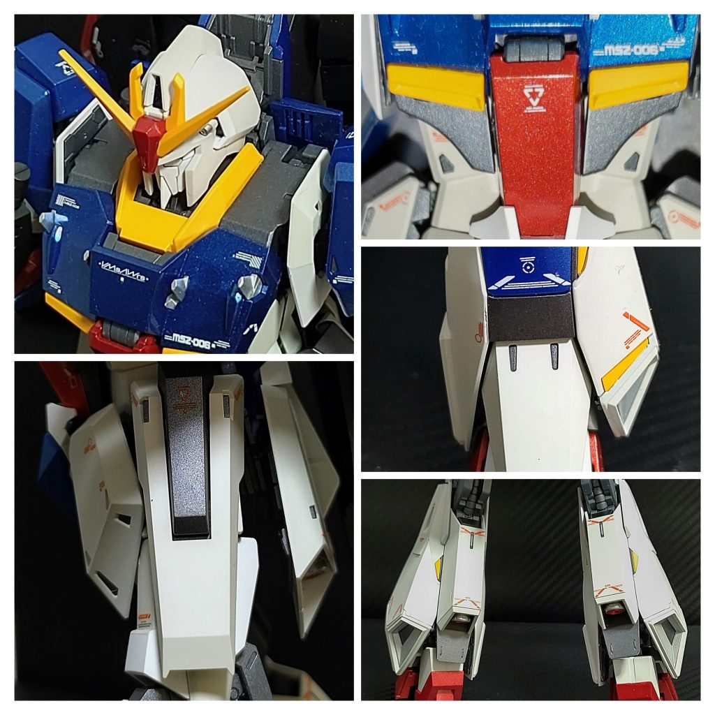 上から下にかけて、繋がる感じでガンメタ（艶消仕上げ）の差し色を入れています。兵器感も少しは出たと思います。頭の両サイドと胸下部分が特に気に入っています😀