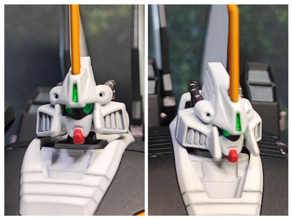 今回特に大きくチャレンジしたのは顔の改修です。ツインアイのパーツもあったのですが、それだけでは物足りなく感じてしまったので、ガンダムっぽい形に出来たらと思って制作してみました。ツインアイのモールドがかなり小さくなってしまったので、エアリアル改修型の余った目のシールを使用したらなんかガンダムヘッドというより可愛い感じになってしまいましたね。ですが個人的には気に入ってます(笑)