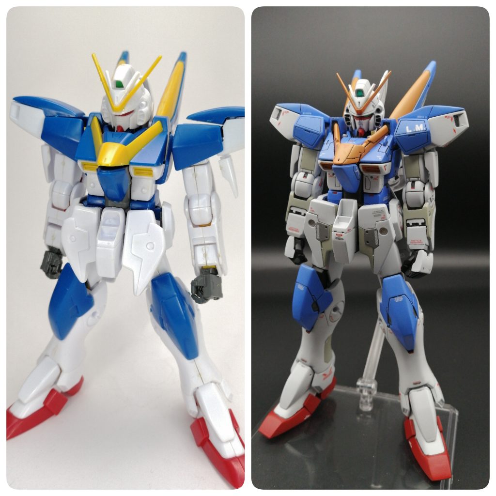 改造前との比較です。元キットは顔面だけはイケメンなのですが,プロポーションが破綻しています。(手長,短足,つま先やたら長いetc)脛2mm,足首1mm,胴2mm,股関節2mm延長し,前腕を4mm短縮,腕部の取り付け位置を3mm上げています。その他,細部のディティールをVer.Kaの設定画に寄せつつオリジナルのアレンジも加えました。