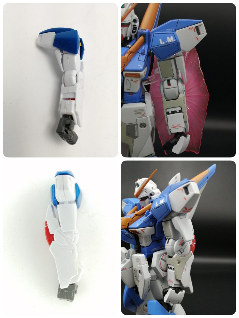 【腕部】肩パーツがビョーンwと大きく,前腕も長すぎるので幅詰めしています。手首の取り付け位置が斜めになっていたので,前腕部は作り直しました。何気に腕部が一番Ver.Kaに近づけられたかなと。