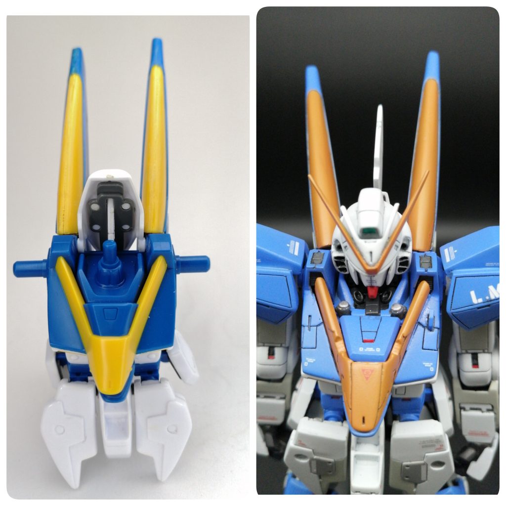 【胴体】作ったことがある方なら分かると思いますが,多色成型のキットなので,塗分けが拷問レベル(涙)マステ必須です。胸のV字部分は頑張ってカットして,V字の終点?部分に説得力を持たせるためにダクトを作ったり,首の取り付け位置を後ろにずらして首回りのディティール増し増しにしたり,けっこう盛りだくさんに手を加えました。