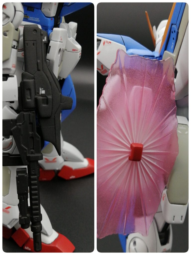 【装備】ビームライフル・・・前半分をジャンクパーツとミキシング。ビームシールド・・・クリアーピンク→ホワイトでグラデ塗装。