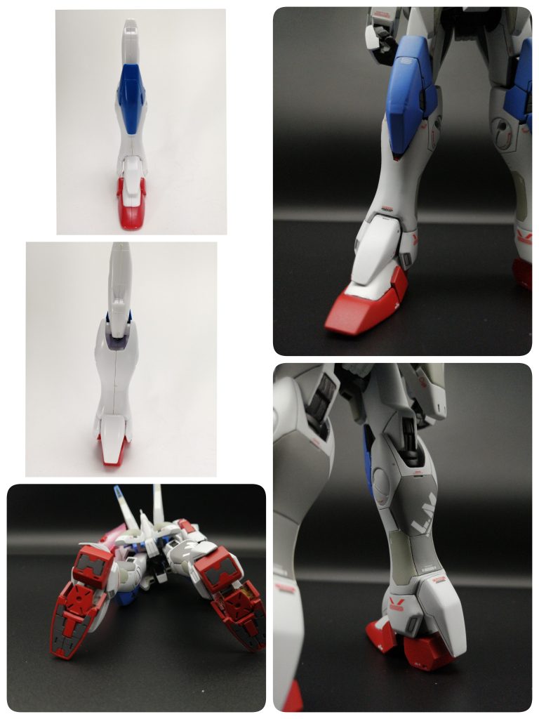 【脚部】短足を解消するために,延長工作のほか膝装甲の下半分を幅詰めしました。関節部分がスカスカだったので,適当にデティールを埋めてます。つま先がヌーンwと長かったので,カットして形状変更。踵がちっさかったので,プラ板で囲って一回り大きく。足裏がツルツルだったので,頑張ってディティール作りました。足も多色成型だったので塗分けめんどくさかった…。