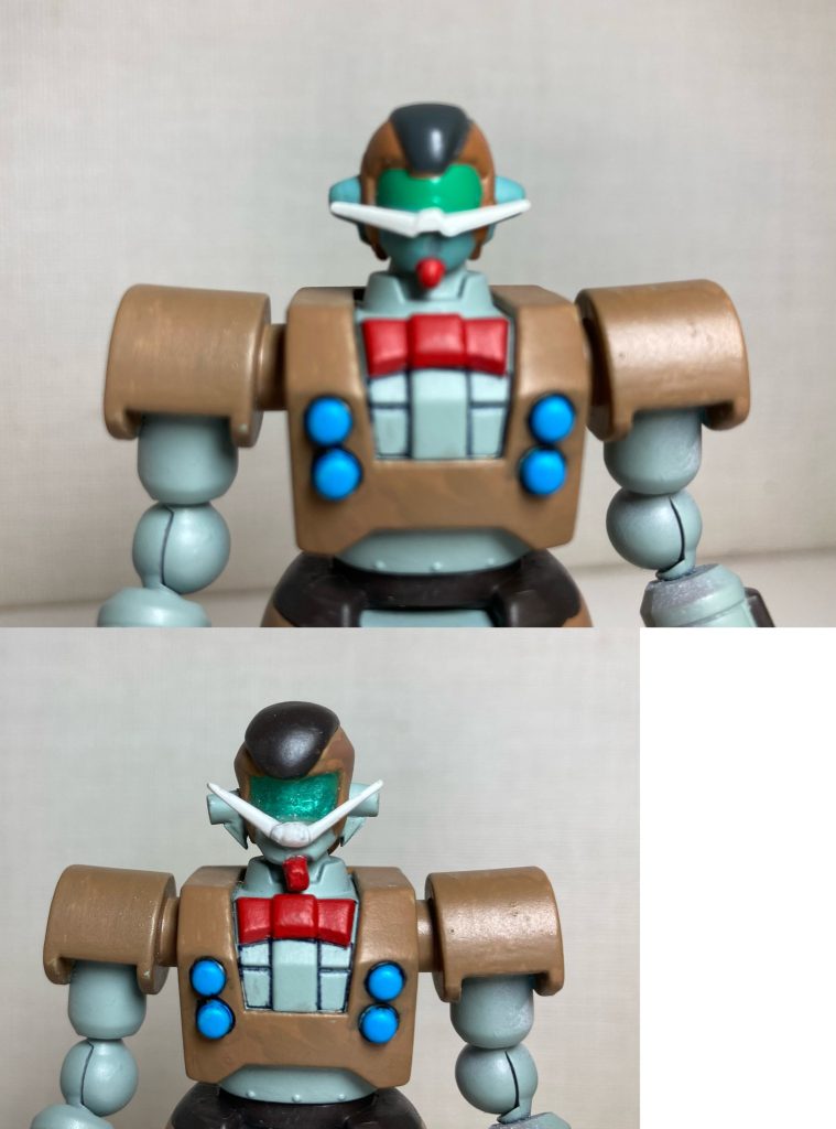 参考までに、上の写真が元商品の頭部です。下の写真がエポパテで作り直した自作頭部です。