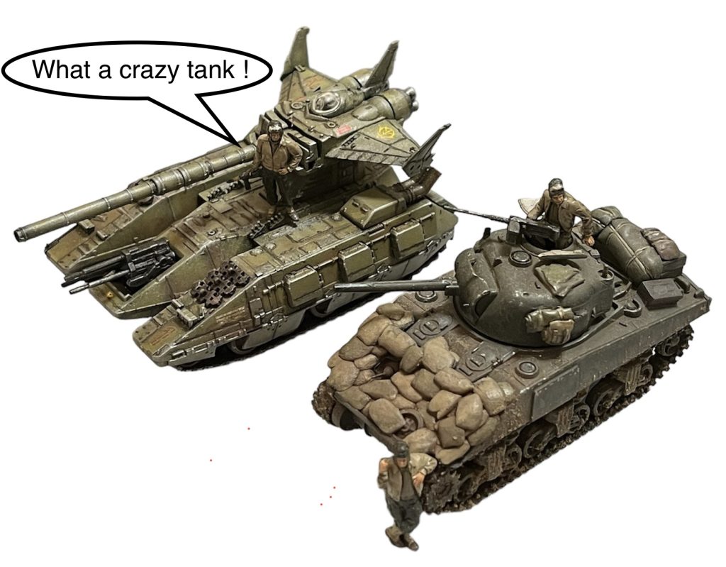 トランペッターの1/72シャーマンと並べてみました。サイズはほぼ同じ感じ。自分としては作り慣れたサイズ感です。1/144なのに1/72の戦車を塗装してるみたいです。