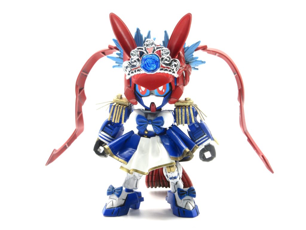 素体はエクスヴァルキランダーティアラはリカちゃん人形のアクセサリーツインテールは轟大帝 孫権ガンダム・虎燐魄のクリアパーツツインテールの根本は市販のエフェクトパーツです。配管テープでスカートを再現しました。肩の装飾はプラ板とボールデンアームズのパーツを半分に切ったものです。胸元や髪飾りのリボンは市販パーツを使用しています。本来、ダイワスカーレットの尻尾は切り揃えられていないのですが、どうしてもアイデアが出ず、エクスヴァルキランダーの髪をそのまま尻尾にしました。