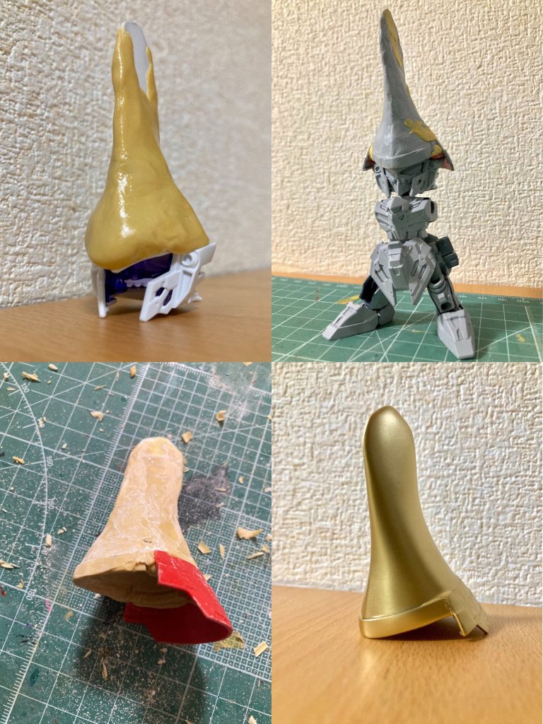 前田家伝来の黄金の兜甲冑への換装スタイルを、機体名称の元でありデルタガンダム系列機の元祖・百式を意識した配色に重ねています。有名な長烏帽子形鯰尾兜は、金沢城の銅像に採用されてるくらい前田利家の象徴的な兜なので是非取り入れたいと考え、SD戦国伝旧キット兜を土台にエポパテとプラ板を組み合わせて自作しました。