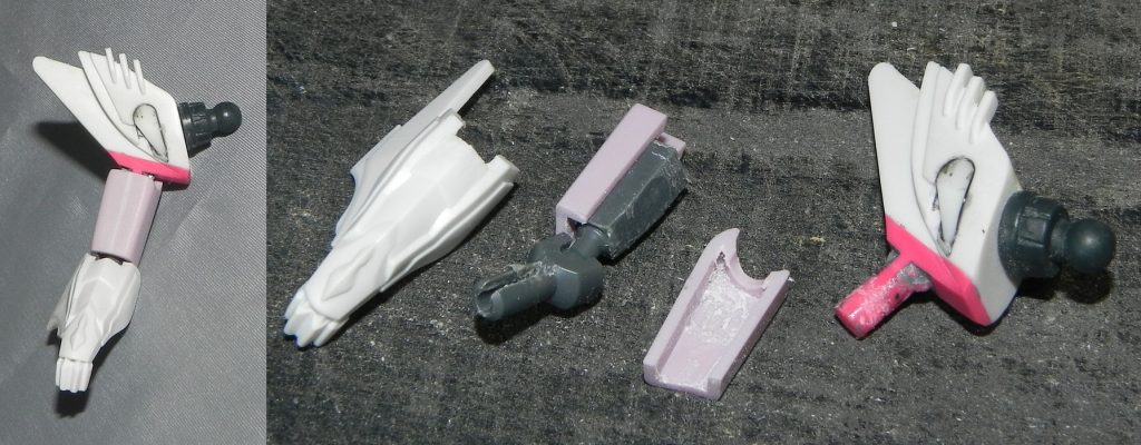 肩は切り離して向きを変え、付け根はHGで首に使うポリキャップをつけて可動域を拡大上腕はポリキャをギリギリまで切って、バイアランイゾルデの余剰パーツで貼り合わせて製作