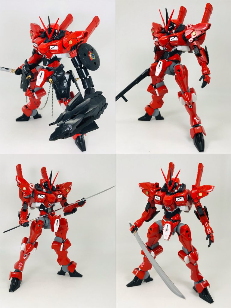 レッドと武器と関節意外のブラックはエアブラシ塗装(家庭環境のおかげで準備と片付けが非常に面倒…)ほかは筆塗りと成形色で…ツヤありトップコートは吹こうと思いましたが…関節をつや消しにしてしまった為…分解が面倒なので省略…😅