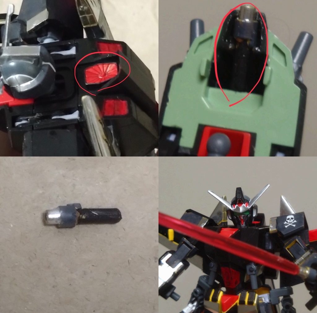 隠し武器が2種類存在します。カリドゥス複相ビーム砲頭部のすぐ後ろに内蔵された大出力ビーム砲。こんなところにビーム砲があるとは誰も想像しないだろう…と考え、この位置に装備。まさに隠し武器。しかし、このビーム砲はMS形態と高速戦闘形態時にしか使えない。このビーム砲はコレクションキットのアビスガンダムのモノを使いました。昔、このビーム砲をミキシングする時に使おうと思って大切に取っておいたのですが、今回はそれを使用しました。取っておいて良かったです。 もう一つの隠し武器。ビームサーベル近接戦闘用武装で唯一のビーム兵器。通常のビームサーベルより小型化されてはいるが、ビーム出力は通常と同じまま。これは胴体の内側に隠されており、使用する際は少し開いた形で取り出すことになります。 「卑怯だって?フッ、こっちは海賊だぜ?海賊らしく、汚ねぇ戦い方をするさ!」