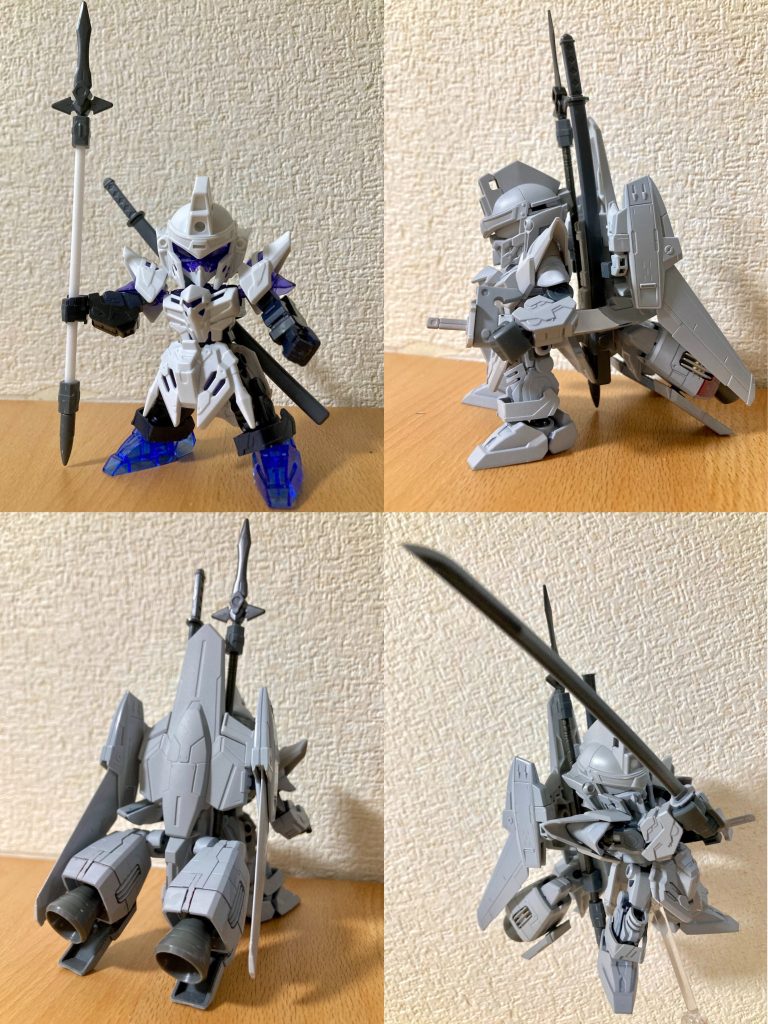 今や結構稀少キットなHG1/144 百万式からはパーツ未使用で、SDWヒーローズ・才蔵デルタカイをベースに各部位・各武装を様々なキットから組み合わせ、より本来のデルタガンダムらしいシュッとした雰囲気に調整しました。背部メガ・ライド・ランチャーも各種ガンプラビルダーズパーツ等を使って再現しています。また通常形態は形状・カラーリング含めてSDWヒーローズ規格での百万式の再現、といった演者MS寄りの印象が強かったので、より前田利家らしい武将化コンセプトを強調した加賀百万石・前田大納言形態のアレンジも追加実装しました。