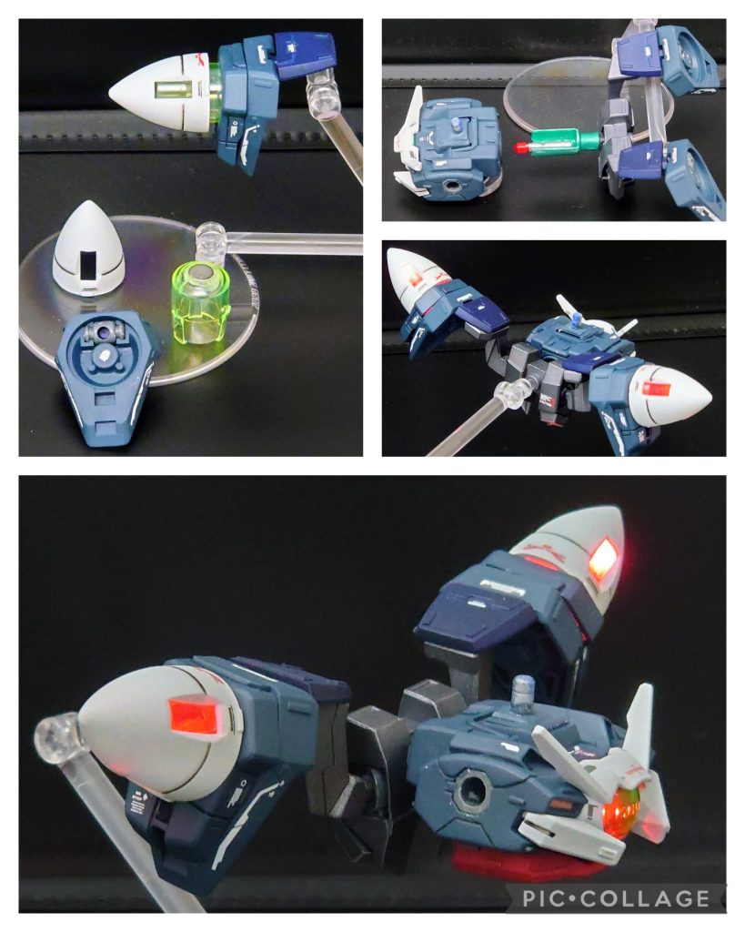 体＆背中●GNドライブのライトアップ●胸部クリアパーツのライトアップライトアップはどちらもいつものミライトです。バックパックはHGのOOトランザムライザーのもので、磁石でSDのパーツが付くようにしてます。