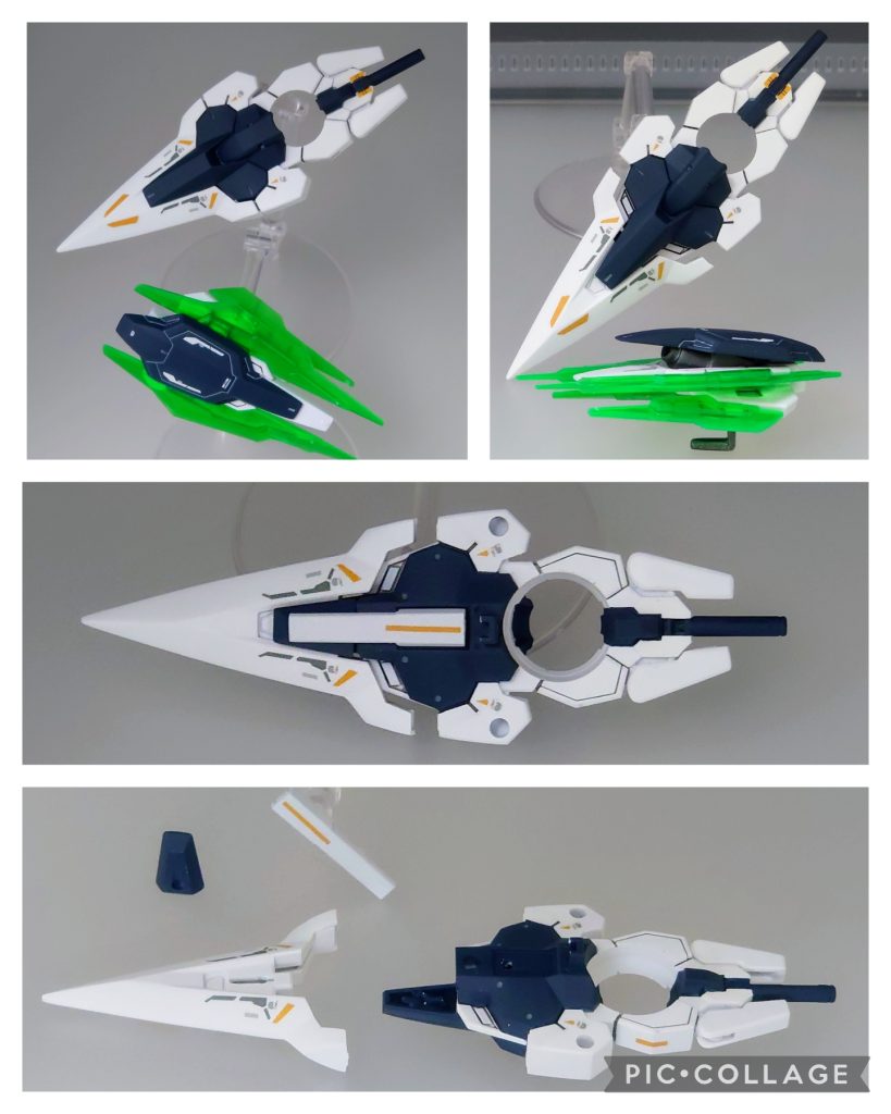 付属品1●GNバスターソード2の後ハメ加工ホントは両肩は左右対称で作ってたんです……サフ吹いたあとで塗料を買いに行ったら、SDセブンソードGの中古(400円)を見つけてしまって……ギミックのせいで上手く塗装する自信がなかったし、作業的には塗装工程に入ってたからかなり悩みました……けど買っちゃいました！！(´▽`*)ｱﾊﾊ