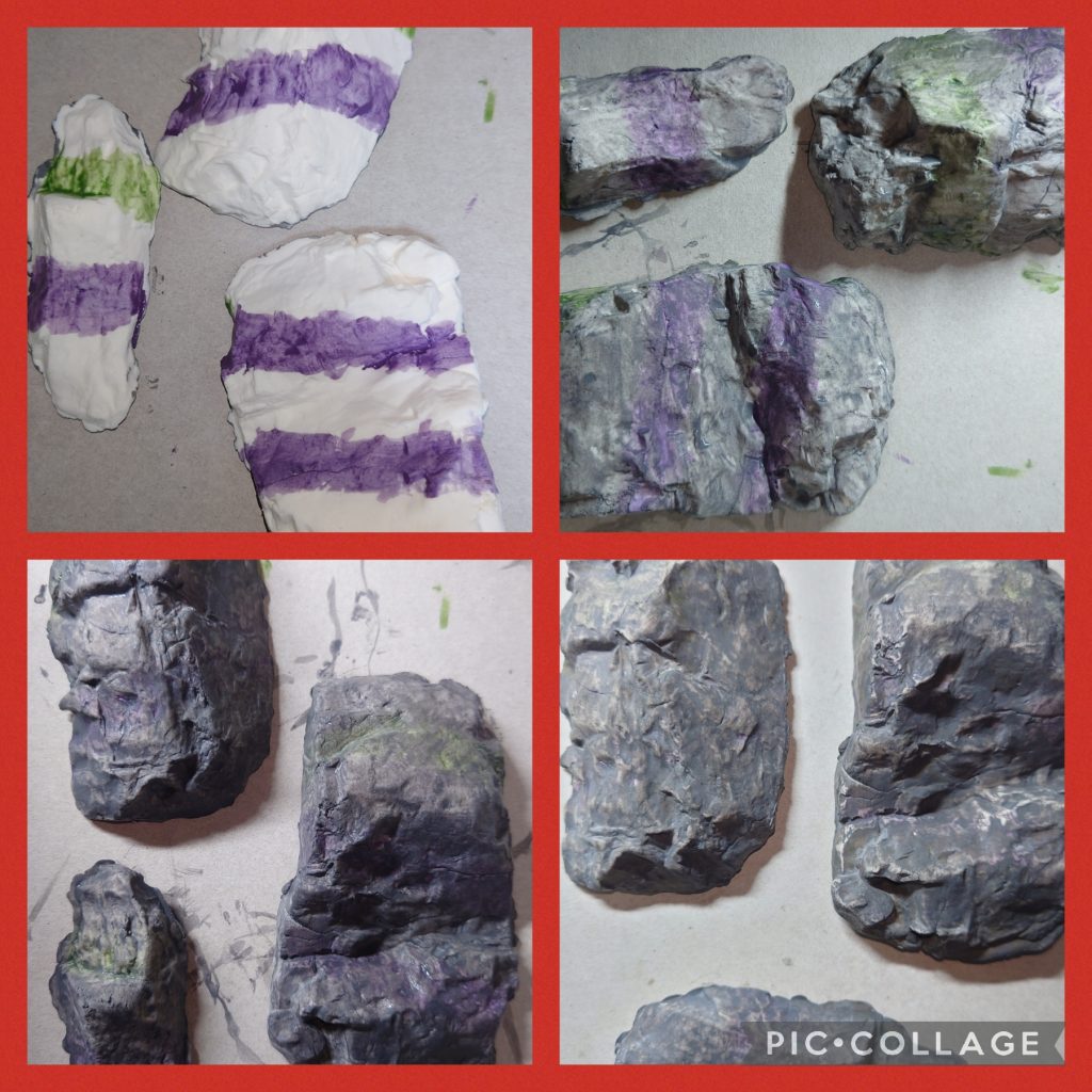 岩は100均の軽量紙粘土で作っています。下地に紫や緑を塗ると、深みが出ます。強度は無く、スクイーズみたいにふわふわした岩です(笑)