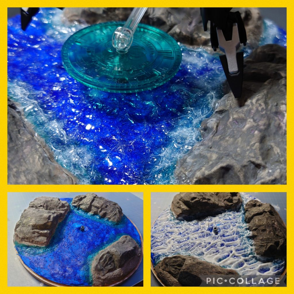 岩を配置した土台に下塗りして、画材のジェルメディウムを塗ります。ジェルメディウムは乾くと透明になるので、水面の表現に使えます。厚みを出すのに3回くらい塗り重ねています。