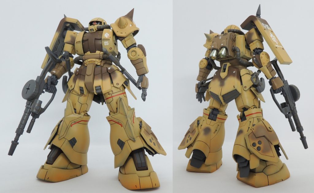 05 ダナン機です。製作順は2番目でした。サンホ機と同じく、主武装のザク・マシンガンは量産型ザクから流用しました。また、劇中同様、ヒート・ホークを二つ装備させています。他機の迷彩パターンが複雑なのに比べ、かなり簡略化された印象を持ちました。志願した新参パイロットの機体とはいえ、迷彩の少なさでジオンの窮状が表れているのかも…と勝手な解釈をしています。職業軍人の集団であるサザンクロス隊において、ダナンのヒャッハーな性格は異質でとても印象的でした。