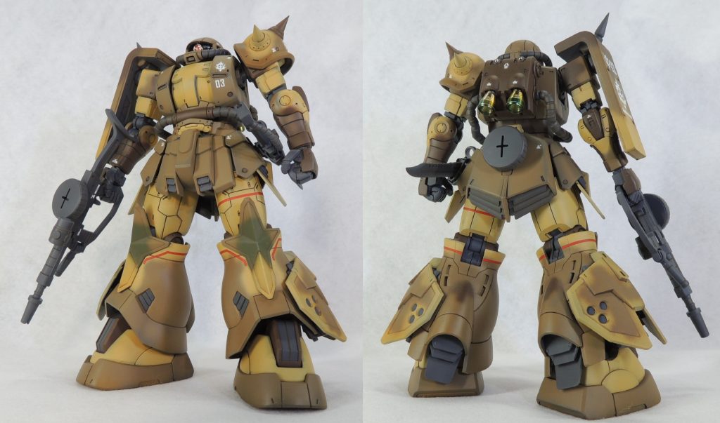 03 サンホ機です。5体のうち製作順では3体目となりました。主武装のザク・マシンガンは量産型ザクから流用しています。当初はエグバ機のザク・マシンガンを持たせるつもりでしたが、映画や設定画をよく見ると、ノーマルなザク・マシンガンだったので慌てて追加工作して持たせた次第です。