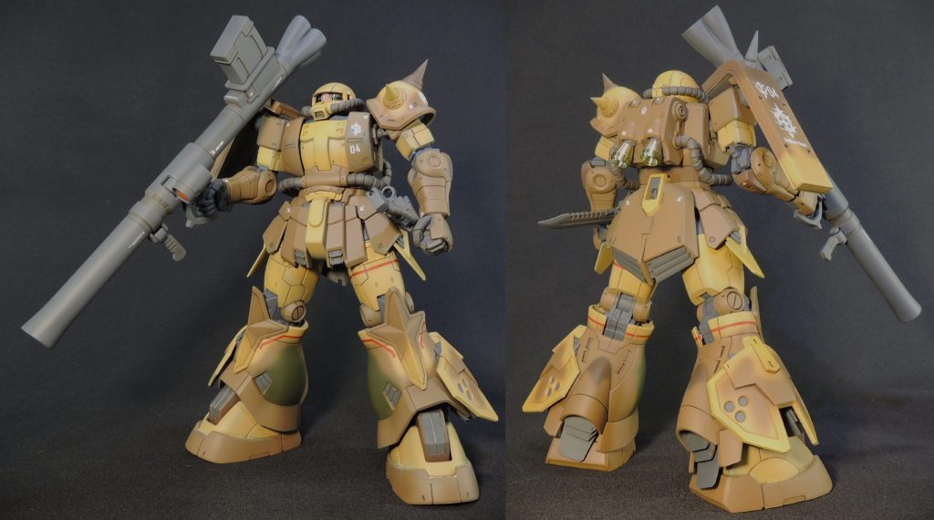 04 セルマ機です。製作順では4番目となりました。B2型のザク・バズーカはキット付属のものではなく、「ガンダムベース限定 システムウェポンキット009」をチョイスしています。紅一点の女性専用機ということもあってか、ウェザリングは控え目にしました。迷彩塗装をして気付きましたが、エグバ機・ウォルド機・セルマ機の3体は、共通してスネの内側に1色多くなってます。