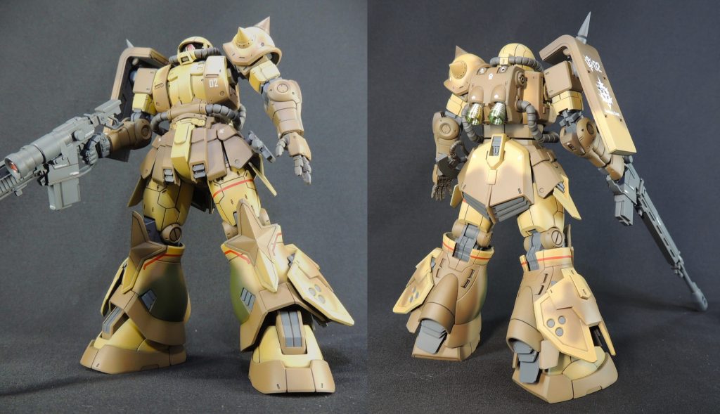 02 ウォルド機です。5体のうち完成順では一番最後になりました。対艦ライフルやヒート・ホークは、量産型ザクから流用しています。古参の副隊長機とあってか、最初に製作した隊長のエクバ機と迷彩パターンが似通っているのが興味深かったです。上の写真ではロングバレルの対艦ライフルを持たせていますが、ショートバレルタイプの対艦ライフル・ショーティーも製作しました。