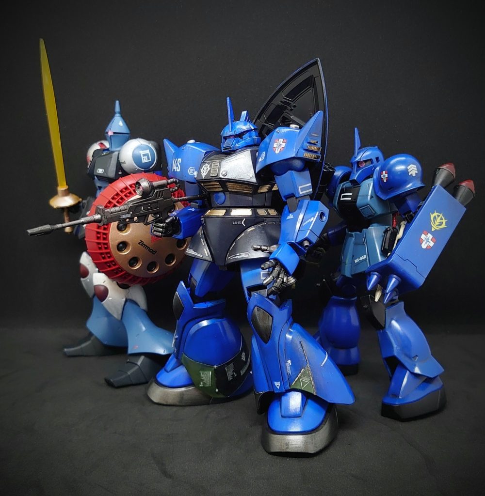 以前作成した、関連キットとギャンは、ゲルググと比べほっそりしていると感じしました(笑)ザクはちっちゃい(笑)【ゲルググ 19.2m】　【ザクⅠ　17.5m】　【ギャン　19.9m】