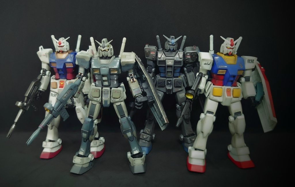 せっかくなので、ガンダムを並べてみました左からHG REVIVE版、RG、EG、旧HG
