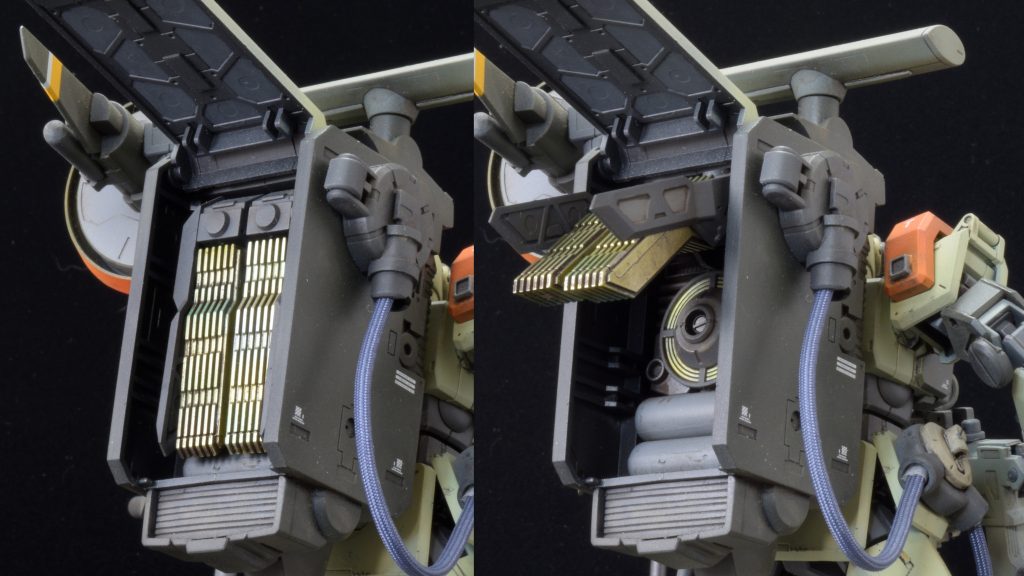 ザンジバル狙撃時は外部機器と接続してエネルギーと冷却材を供給されてたが、ソレをコンテナに収めて独立稼働できるようにした…的な設定でつくりました。…が、アニメをよーく見たら最後の方、専用バックパック背負って動き回ってる個体もいる…うぇぇぇ。