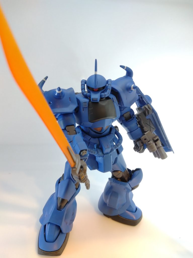 ゲーム発売当時の開発事情なのか、あえての設定なのかわかりませんが、ヴィッシュ専用グフ（というかコロ落ちのグフ）は通常機と違い機体色の青は一色のみです。またヒートロッドがワイヤー式、３連ガトリング装備という設定なので、グフカスタムの腕をそのまま使用。（小説版の挿絵はこのデザインだった気がするんですが、、、ここはうろ覚え）