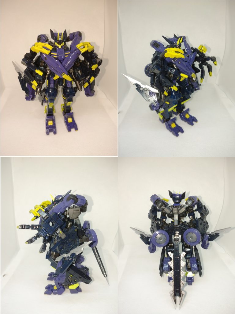 デスサイズヘルから着想を得たクローズモード(登場時形態)で素立ちを各方面から。無数の腕に抱かれているようなシルエットが怪異っぽくてお気に入りです。 追加パーツはだいたい30MMのオプションパーツです。後腰にラビオット用オプションパーツのロイロイベース部分を接着した後、いろいろなパーツをC型ジョイントでつなげています。 バルバトスルプスレクスのているブレードが好きなのでアタックサブマリンから剣を拝借してしっぽにしました。自立にも役立ちます。 バックパックはドッグメカから。そこからさらにマルチウィングの腕が伸びています。 クローズモードに干渉するので肩アーマーはオミットし、逆に寂しく見えてしまった足に装甲とバーニアを足しています。