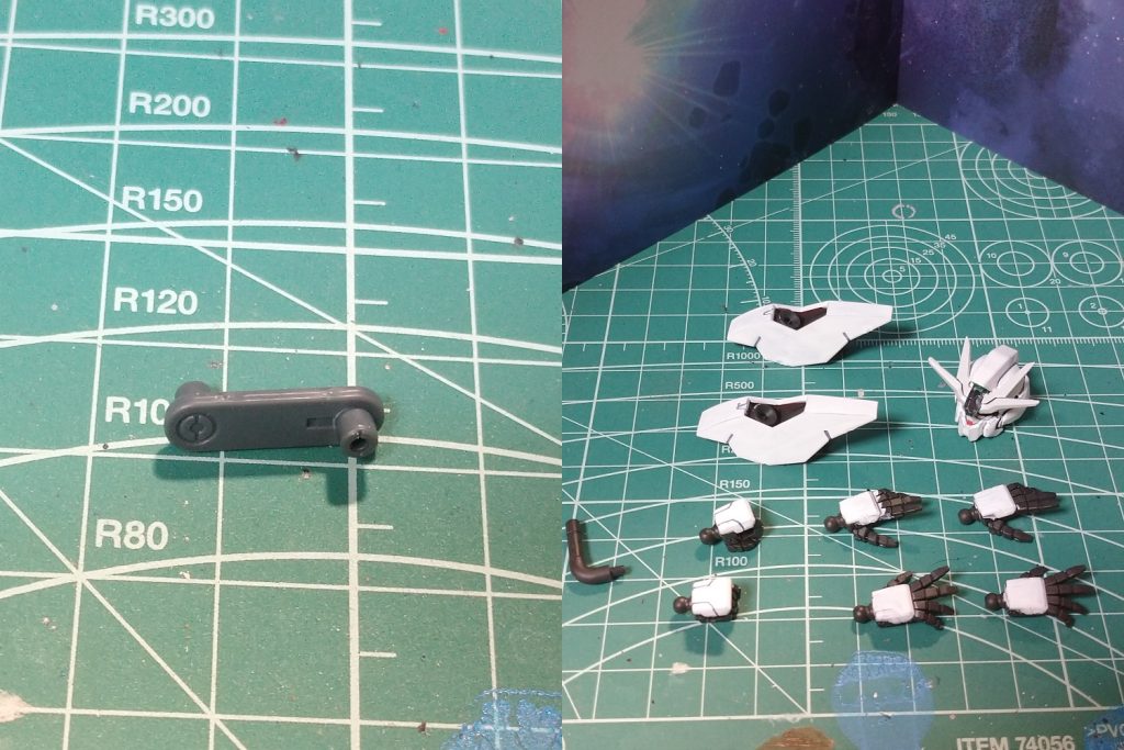 　今回、追加で使用したパーツは写真左の30MMのオプションパーツとかについてくる汎用ジョイントの一個のみでした。　また、ニコイチの割に余剰パーツは手とウルの頭部、ソーンのももブースターくらい、接着もパーツの切り貼りもなしと、かなりお手軽にミキシングできました。