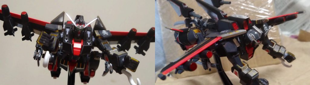 そして、MS形態と戦闘機形態を合わせた4つ目の形態。高速戦闘形態(ハイスピードバトルフォーム)上半身がMS形態で、下半身が戦闘機形態に変形したことで驚異的速度を出した状態でMSとしても戦える新たな形態。この形態による武装は近接防御火器、110mm機関砲、空対空ミサイル ハヤテ、アンカーショット、高エネルギービームガン、72式高エネルギービーム砲、そしてスカルソード(またはスカルナギナタ)。