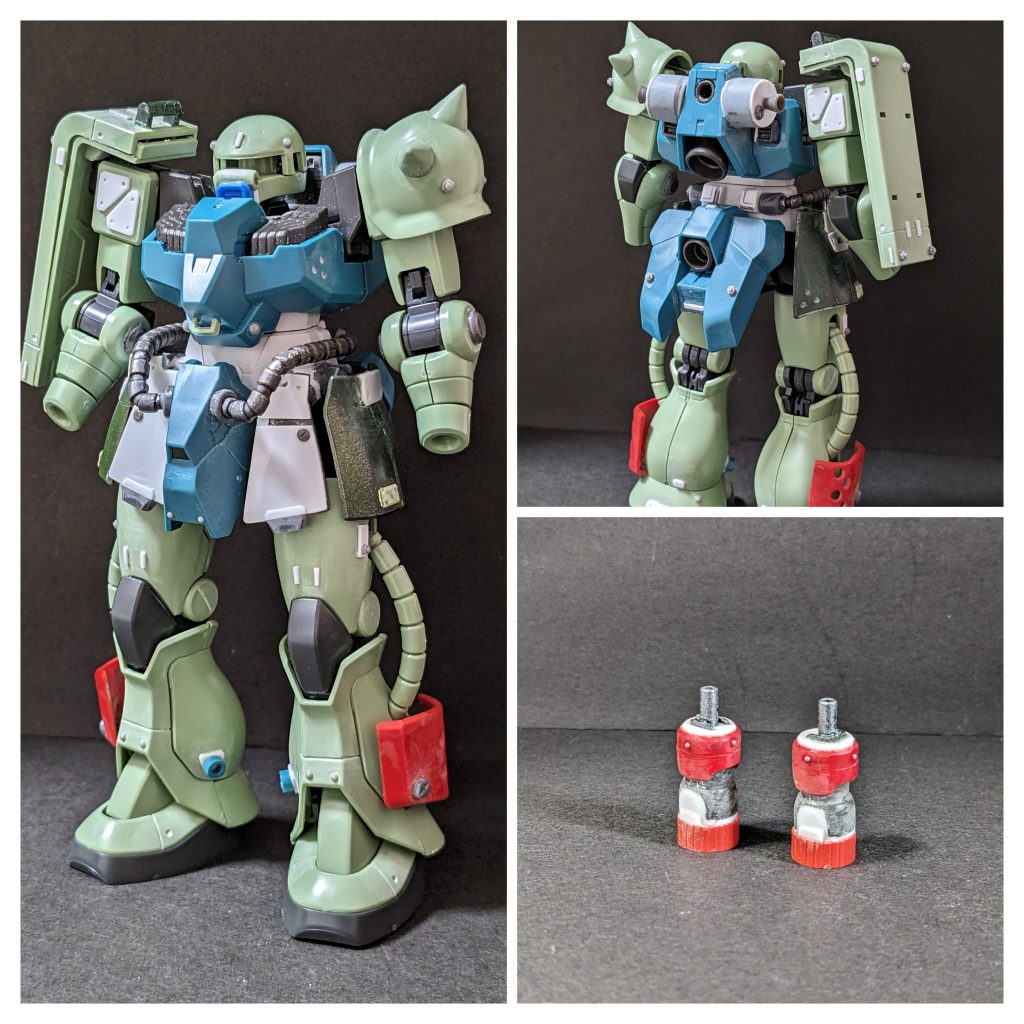 珍しく制作過程を撮りました。上の写真は塗装前素組（色々パーツが足りてないですが）。中身は基本的に、リバイブ版ザクとルブリスウルのミキシングです。ガンビットはジャンクパーツ（量産型ガンキャノンの二の腕とボールのバーニア等）から制作。