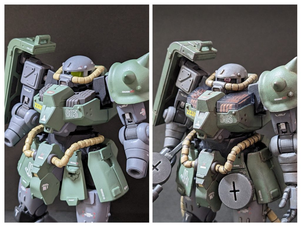 ウェザリング前後の比較。ウェザリングカラーで全体をウォッシングしてトップコート後、さらにウェザリングカラーで（マルチブラック・ステインブラウン）でアクセントをつけて、焼鉄色でチッピングした上で、ウェザリングマスターで仕上げです。