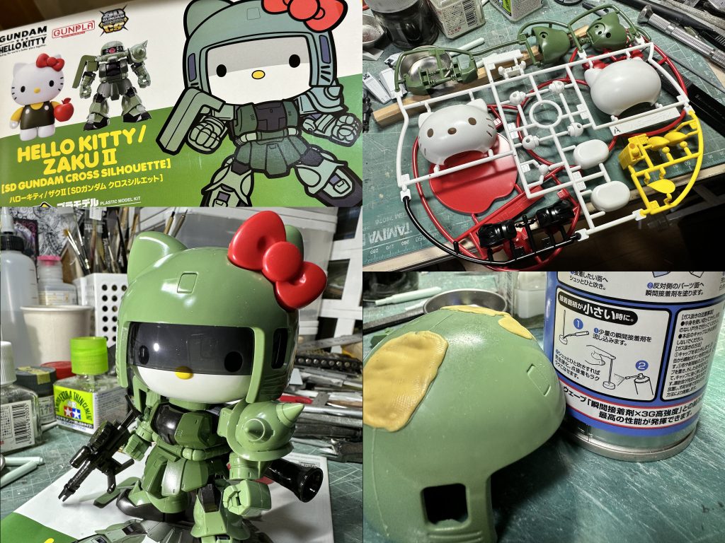 　ちょっと前までどこでも売れ残ってたのに、作ろうと思った時にはどこにも無くなっててプレ値販売。転売ヤー、貴様らに赤い血は流れているのか。もういい加減欲しいモノを欲しい時に買いたいよ。　そんな呪詛を吐きながらやっと見つけたキティさんザク。いや、黒い三連星のＲ型を見てたらクロミちゃんと被ってね。色が。お？今まさにガンスタさんでSD祭りじゃん？って一人で盛り上がり。そしてアイデアが出たその瞬間に、ノリと勢いで作ってしまいましょう。このまま積んだら二度とハコを開けなくなるだろうし…。　そして世間は世界クロミ化計画の名の元、いろいろとイベントが催されている様子です。乗るしかない。このビッグウェーブに。