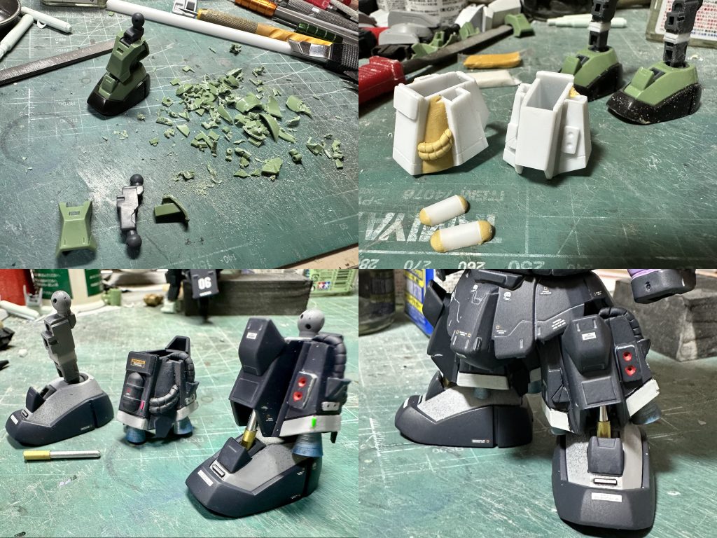 　Ｒ型にしようとする際の関門のひとつめが脚部。なんとか元パーツから制作できないかと切り刻んでいったら…何も残りませんでしたｗ　直線基調のため、プラ板ハコ組みを基本に、ちょっとだけパテ盛り作業。左右で非対称、しかもサイズが小さいため精度が重要となってくるので気を遣いました。できるだけオリジナルにディテールを近づけつつもデフォルメ化。フレーム部分を真鍮線で補強しつつ２ｍｍ延長。足首からチラリと覗くシリンダーは真鍮パイプ＆アルミ棒の金属製。バーニア類は市販品ですがクリアブルーでちゃんと焼け表現を施しました。