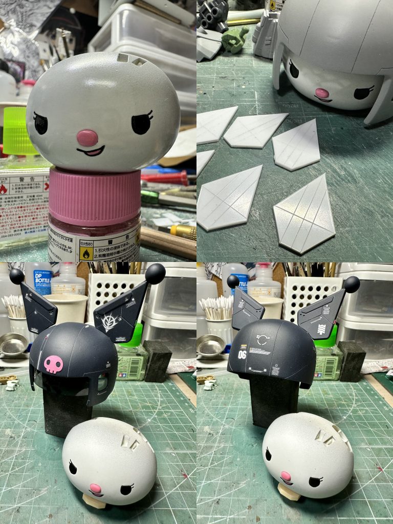 　頭部。ある意味、このネタ制作の心臓部（笑）。耳部分は切除しパテ埋め。この時、ヘルメットの曲面に合わせるのが地味に大変。顔もいったんパテで目の隙間を埋めてクロミの目にするためスジボリ。おなじく口もスジボリ。墨入れで輪郭線をシャープにして塗装。　ヘルメットはオリジナルのザクを踏襲するイメージでスジボリし、特徴的な菱形の耳？は積層プラ板にて制作しました。ちなみに画像で切り出しているプラ板6枚で積層して作ってみたら、なんか小さくて可愛くなかったので泣く泣くリテイク。完成版は大型化したver2.0です…。計画サイズどおりに作るより、最後は感覚勝負の現物合わせになるのが模型制作の醍醐味ですよ。