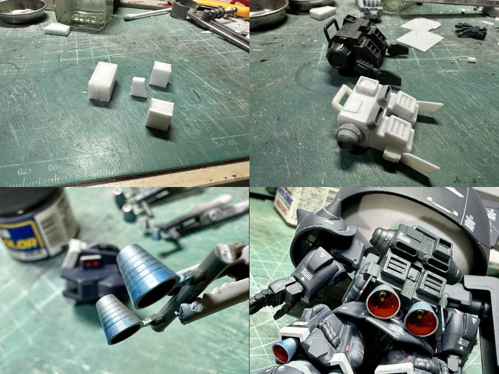 　関門ふたつめ。バックパック。オリジンHG版オルテガ機があったので、それをモデルにスクラッチ。サイズ的に1/144とほぼ一緒なのでこのまま流用して…と悪魔がささやきましたが、下手さ加減を一緒にしないとそこだけ浮くと思ったので諦めて作りましたｗ　背部バーニアだけ中心部にゴールドのハトメを奢りました。見えないところにもオシャレしないとね。